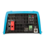 Blue and black inverter control panel with battery terminals, power indicators, on/off switch, and remote connection port.