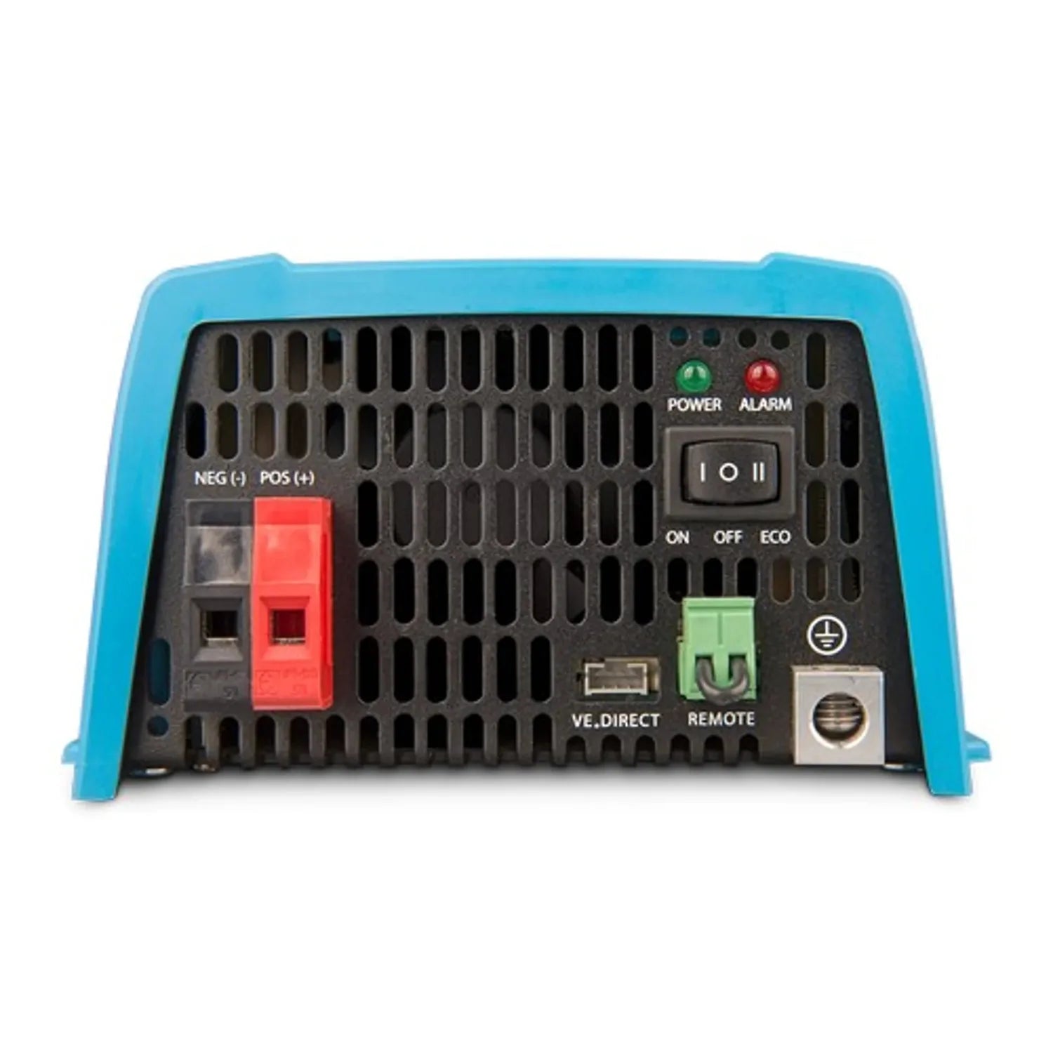 Blue and black inverter control panel with battery terminals, power indicators, on/off switch, and remote connection port.