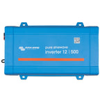 Victron Energy pure sinewave inverter 12/500 in blue with mounting brackets and QR code label.