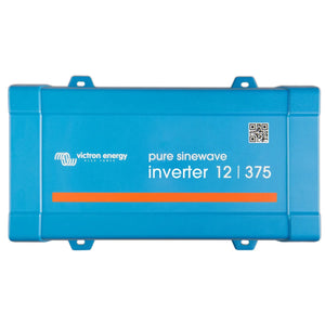 Victron Energy Pure Sinewave Inverter 12/375 blue rectangular device with mounting brackets and QR code label.
