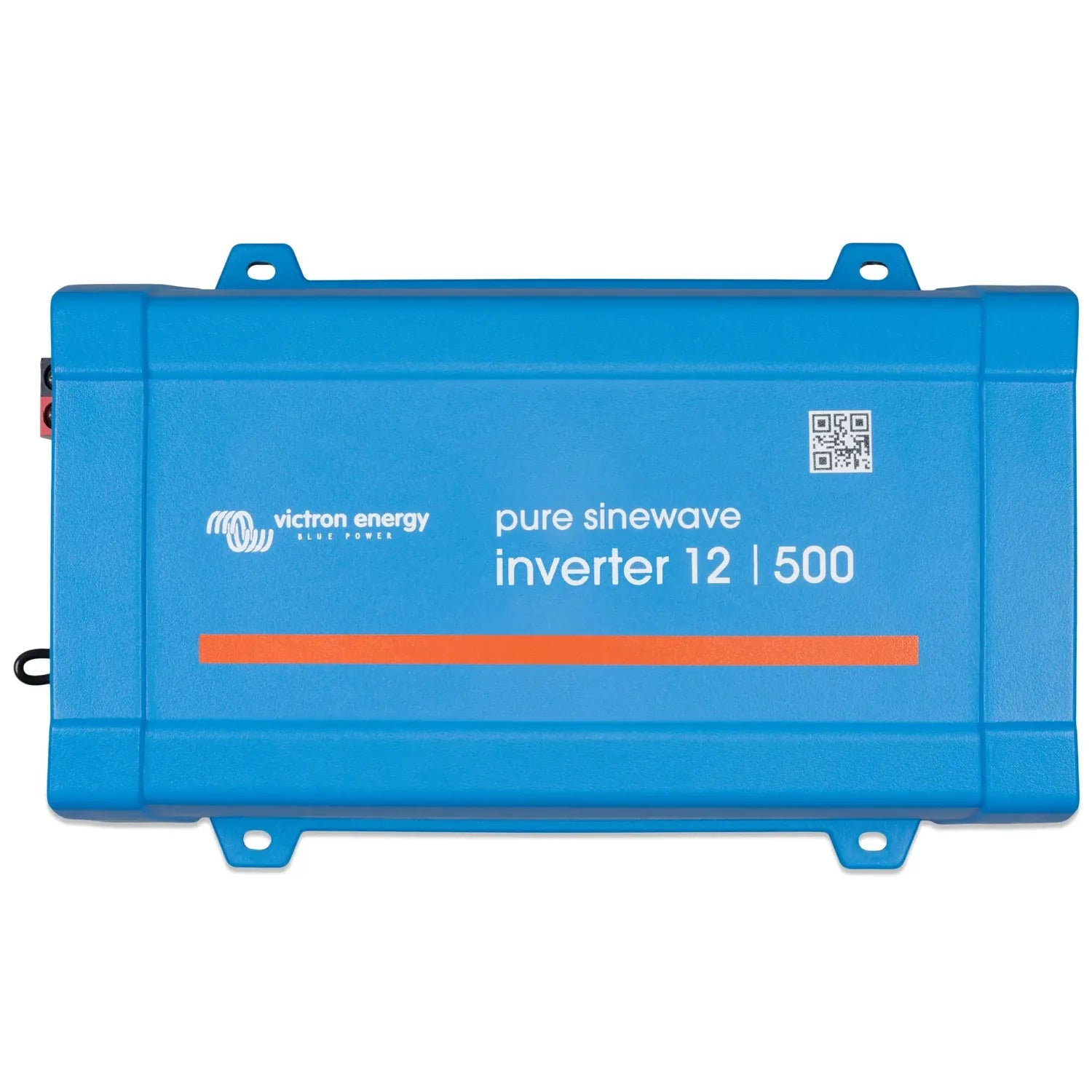 Blue rectangular Victron Energy pure sinewave inverter 12/500 with mounting brackets and QR code label on front.