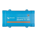 Victron Energy Phoenix 12/500 pure sinewave inverter, blue rectangular device with mounting brackets and QR code label.
