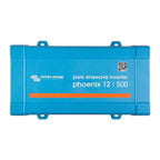Victron Energy Phoenix 12/500 pure sinewave inverter, blue rectangular device with mounting brackets and QR code label.