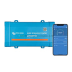 Victron Energy Phoenix pure sinewave inverter in blue with QR code, displayed alongside smartphone showing monitoring app wit