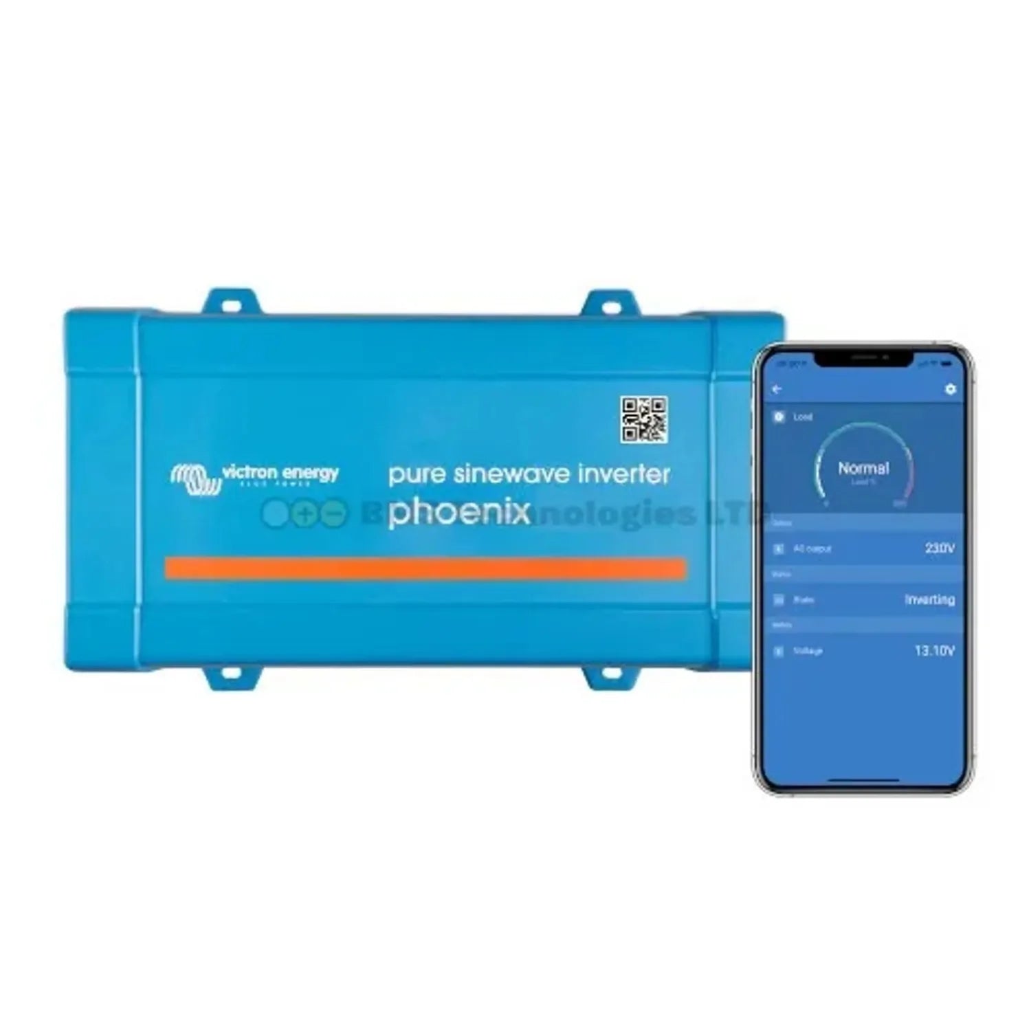 Victron Energy Phoenix pure sinewave inverter in blue with QR code, displayed alongside smartphone showing monitoring app wit