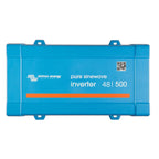 Victron Energy pure sinewave inverter 48/500, blue rectangular case with mounting brackets and QR code label.