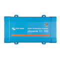 Victron Energy Phoenix 12/500 pure sinewave inverter, blue rectangular device with mounting brackets and QR code label.