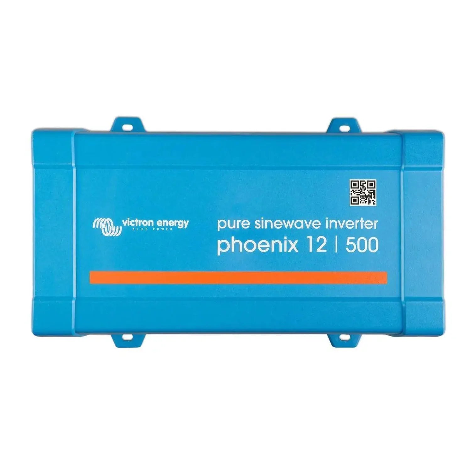Victron Energy Phoenix 12/500 pure sinewave inverter, blue rectangular device with mounting brackets and QR code label.