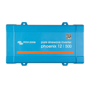 Victron Energy Phoenix 12/500 pure sinewave inverter, blue rectangular unit with mounting brackets and QR code label.