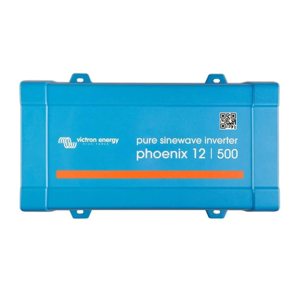 Victron Energy Phoenix 12/500 pure sinewave inverter, blue rectangular unit with mounting brackets and QR code label.