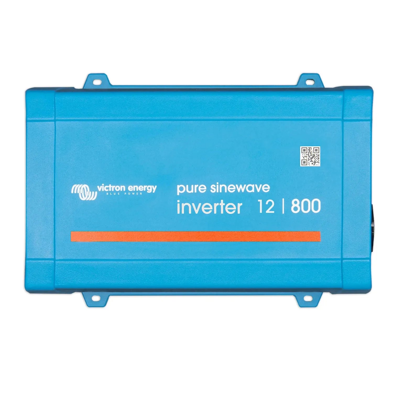Victron Energy pure sinewave inverter 12/800 in bright blue with mounting brackets, front product view.