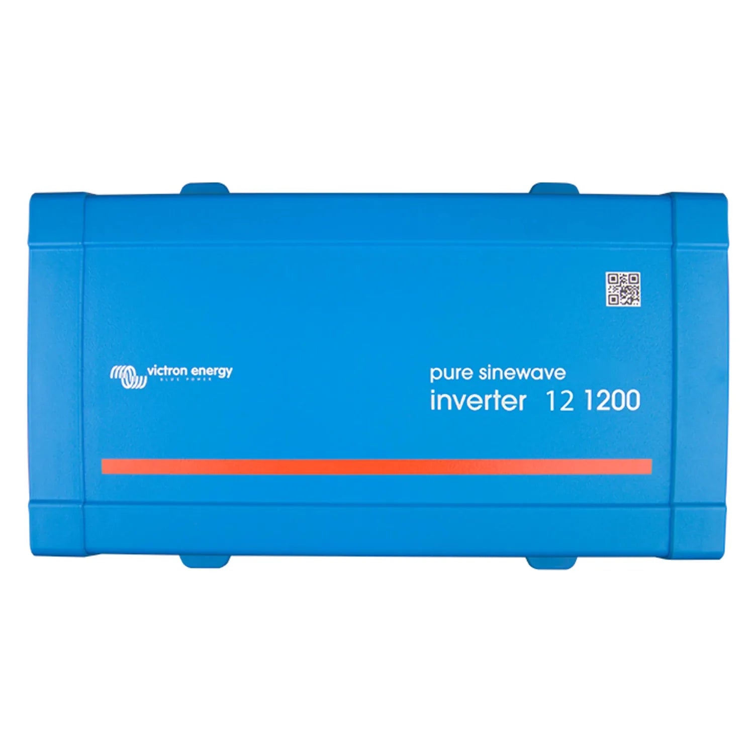 Victron Energy pure sinewave inverter 12 1200 in bright blue casing with red accent stripe and QR code.