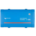 Blue rectangular Victron Energy pure sinewave inverter 12 1200 with QR code and red accent stripe.