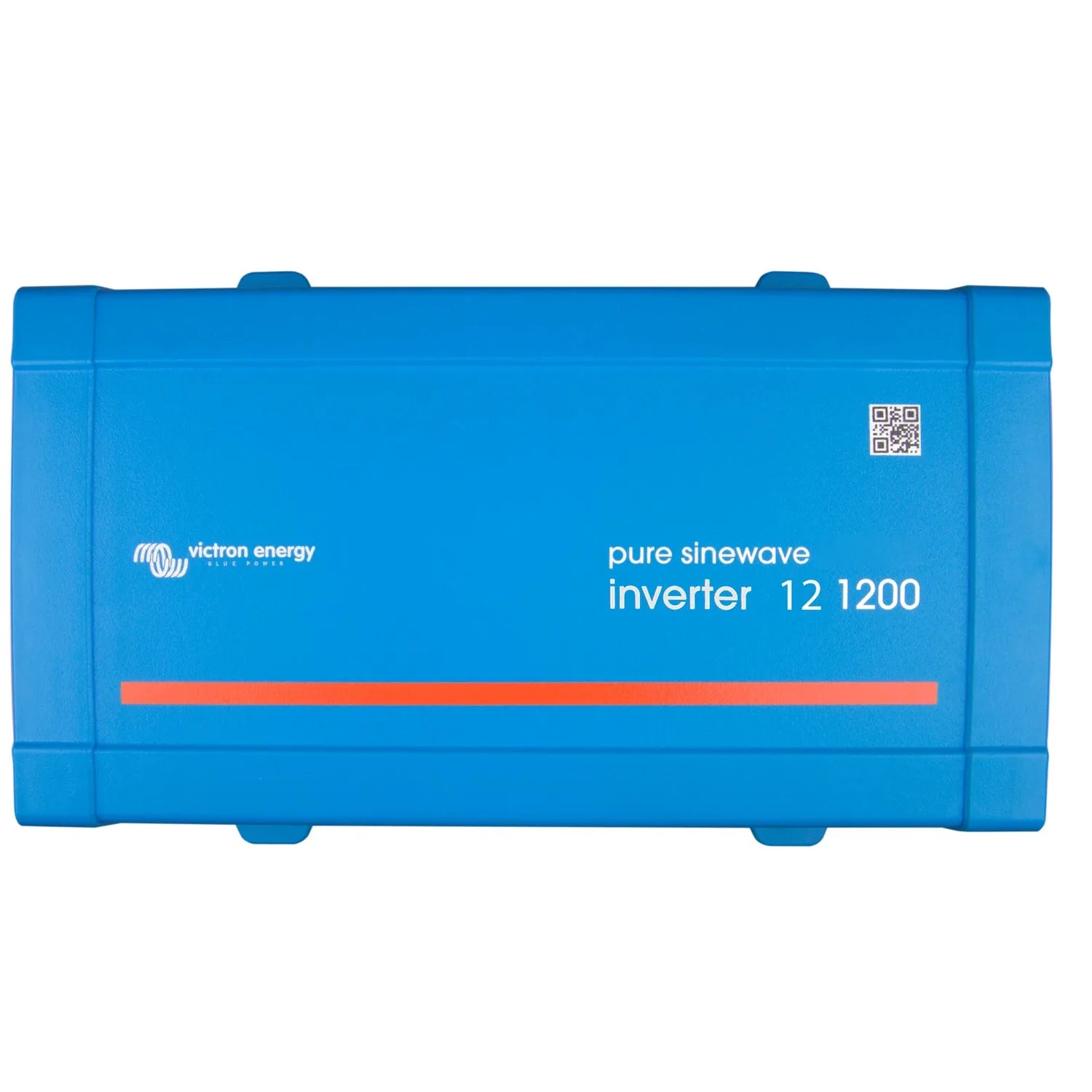 Blue rectangular Victron Energy pure sinewave inverter 12 1200 with QR code and red accent stripe.