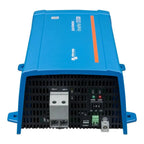 Blue Victron 12/1200 inverter shown from front view displaying input terminals, power and alarm indicators, and control switc