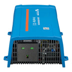 Blue Victron 12/1200 inverter with AC output section showing green indicator lights and ventilation grilles, front view.