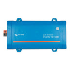 Victron Energy pure sine wave inverter 12/1600 in blue with mounting brackets and terminal connections visible.