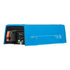 Blue rectangular inverter with exposed internal components, orange power switch, and certification markings visible on the si