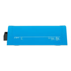 Bright blue rectangular inverter device with black connector on left side and technical specifications printed on surface.