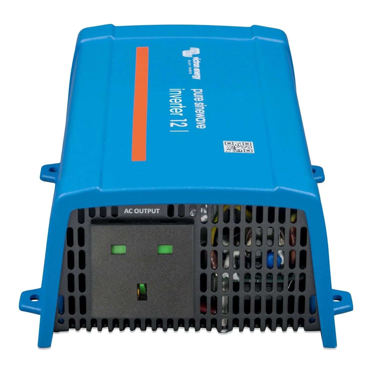 Blue rectangular inverter with AC output label, green indicator lights, and ventilation grilles on front panel, shown from ab