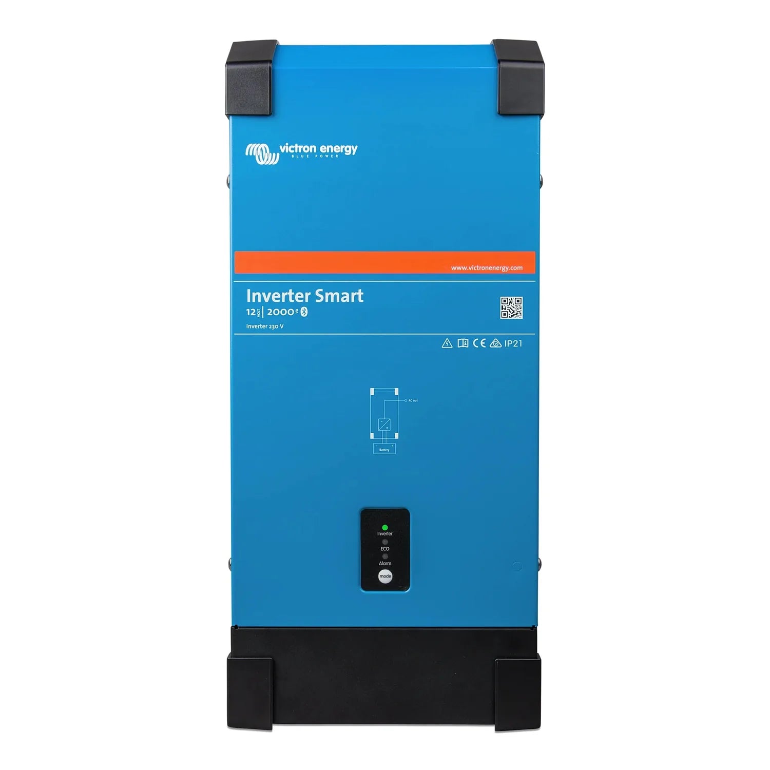 Victron Energy Inverter Smart 12/2000 230V blue unit with black corner brackets and control panel displaying Inverter, ECO, a