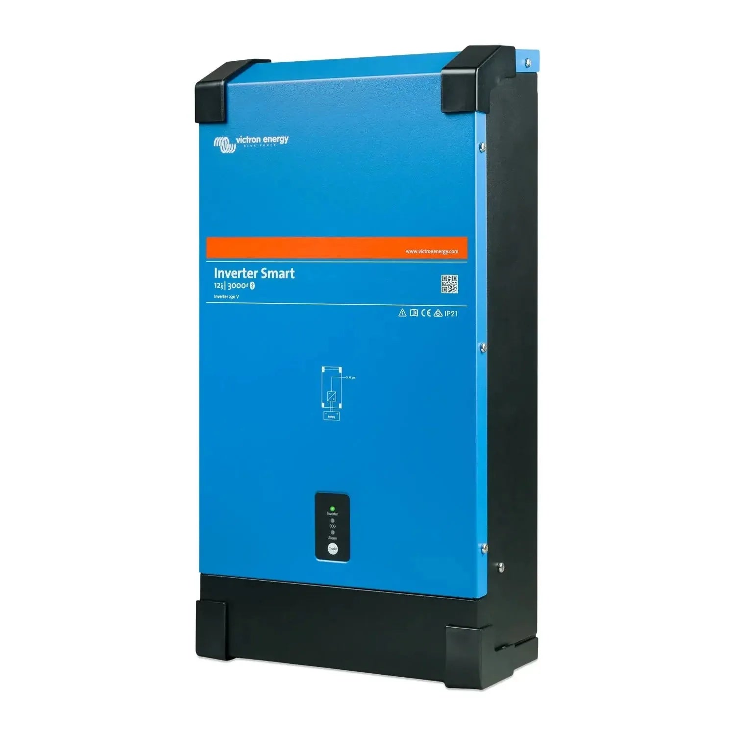 Victron Energy Inverter Smart 12/3000 blue and black power inverter unit with control panel and status lights.