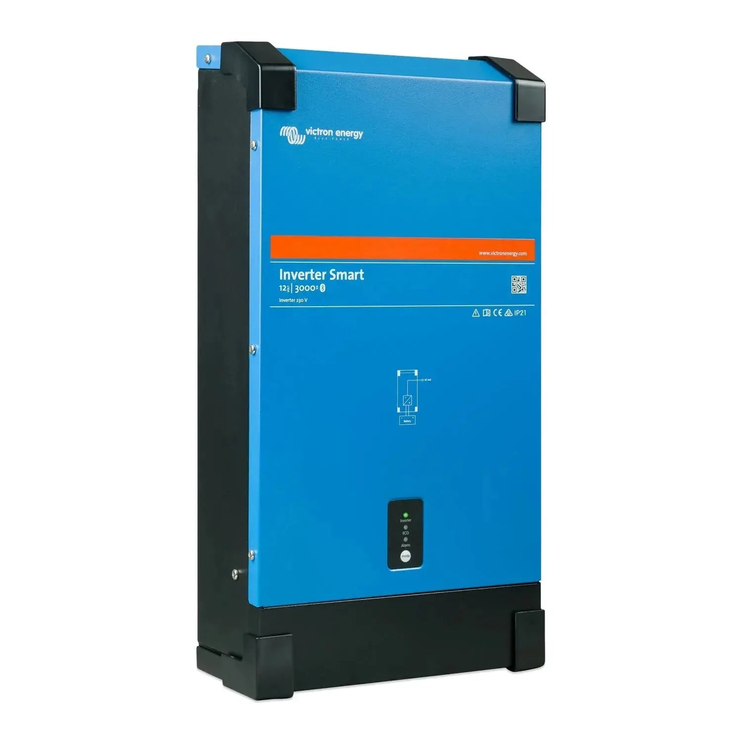 Victron Energy blue and black Inverter Smart 12/3000 unit with control panel and status indicator lights.