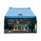 Rear view of blue and black industrial inverter showing AC output terminals, ventilation grilles, and control connectors.