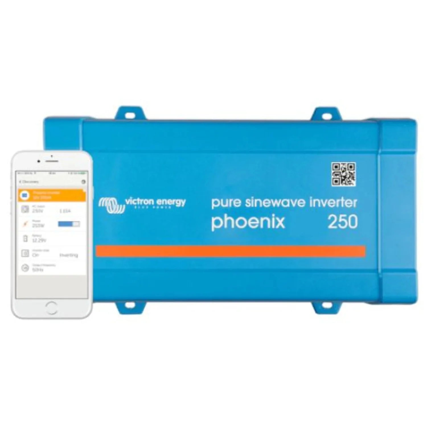 Victron Energy Phoenix 250 pure sinewave inverter in blue with smartphone displaying monitoring app beside it.