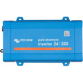 Victron Energy pure sinewave inverter 24/250, blue rectangular device with mounting brackets and QR code label.