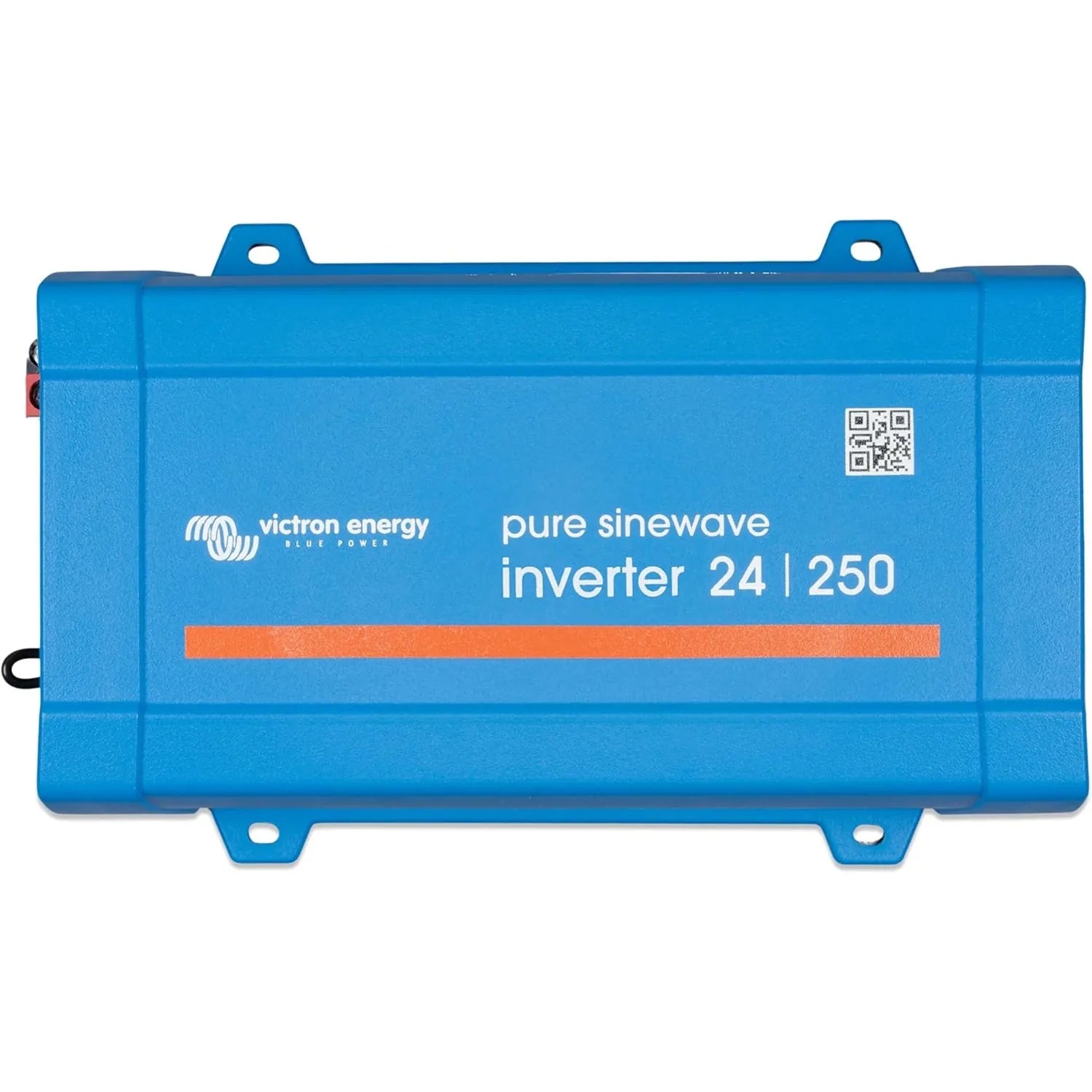 Victron Energy pure sinewave inverter 24/250, blue rectangular device with mounting brackets and QR code label.