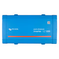 Victron Energy pure sinewave inverter 12 1200 in bright blue metal casing with red accent stripe and QR code.