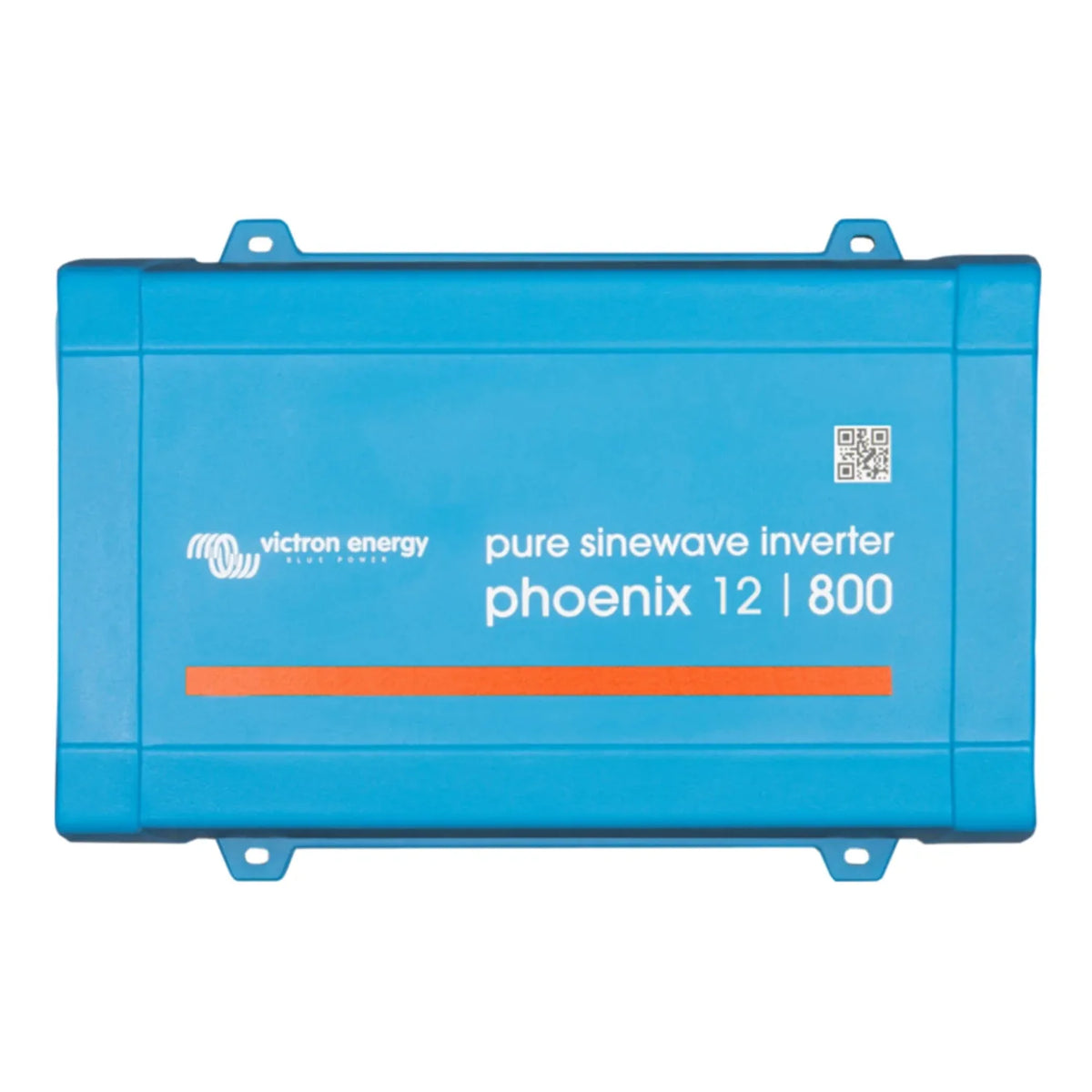 Victron Energy Phoenix 12/800 pure sinewave inverter, blue rectangular device with mounting brackets and QR code label.