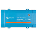 Victron Energy pure sinewave inverter 24/500 in bright blue casing with mounting brackets and QR code label.