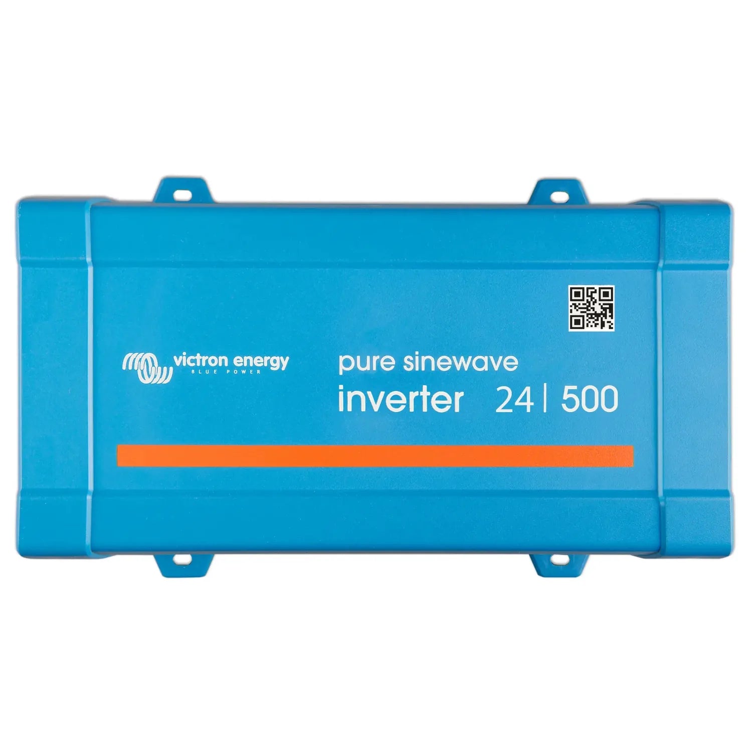 Victron Energy pure sinewave inverter 24/500 in bright blue casing with mounting brackets and QR code label.