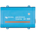 Victron Energy pure sinewave inverter 24/800 in bright blue with mounting brackets and QR code label.