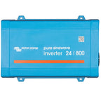 Victron Energy pure sinewave inverter 24/800 in bright blue with mounting brackets and QR code label.