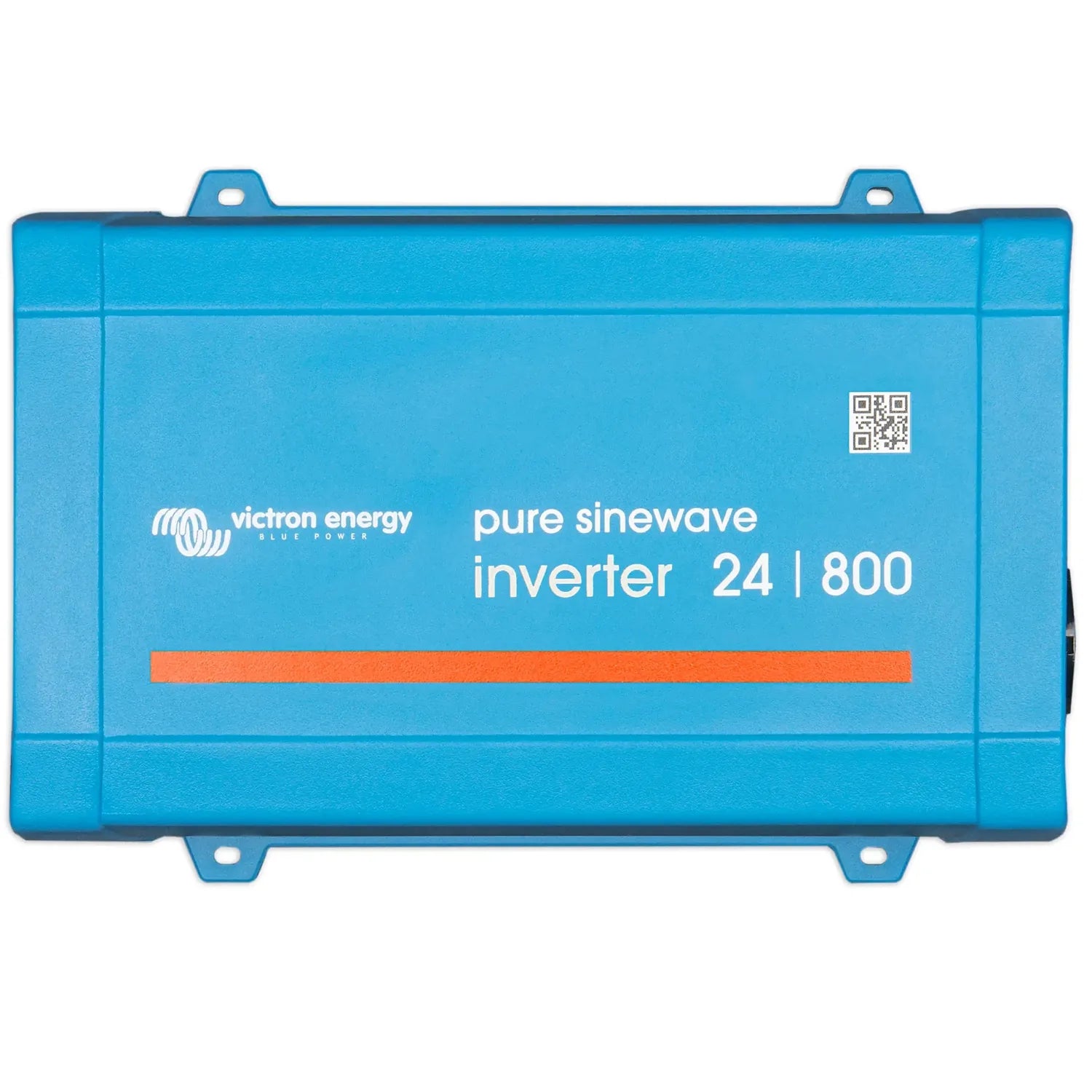Blue rectangular power inverter device labeled Victron Energy pure sinewave inverter 24/800 with mounting brackets.