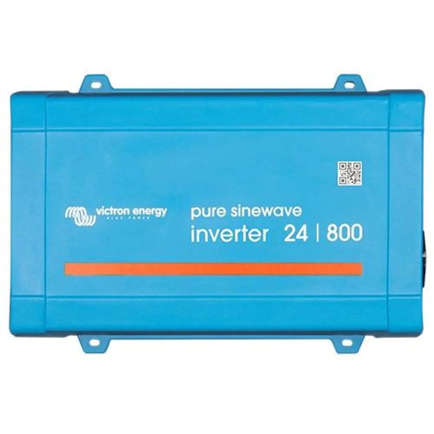 Victron Energy Pure Sinewave Inverter 24/800 in bright blue with mounting brackets and QR code label.