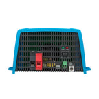 Blue and black power inverter with ventilation grille, red and black circuit breakers, control buttons, indicator lights, and