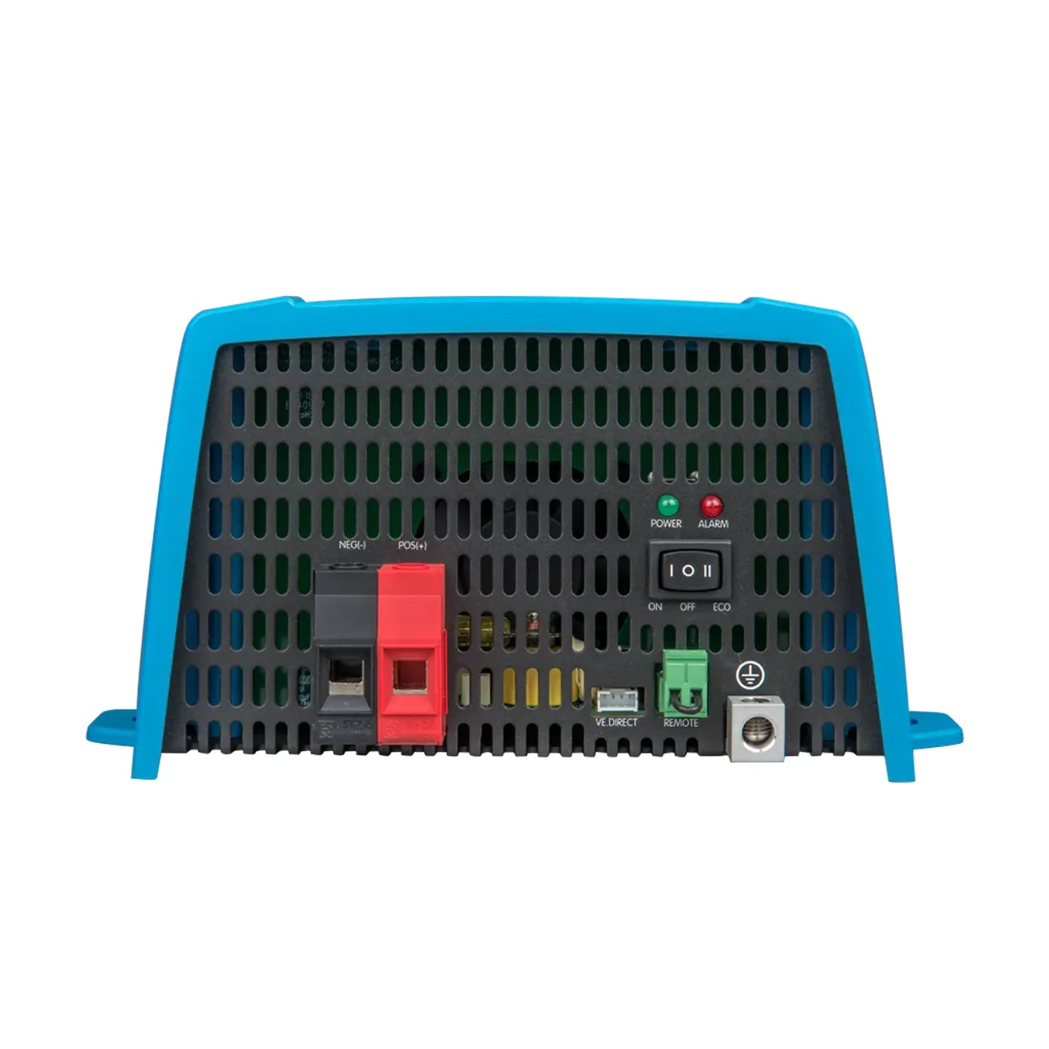 Blue and black power inverter with ventilation grille, red and black circuit breakers, control buttons, indicator lights, and