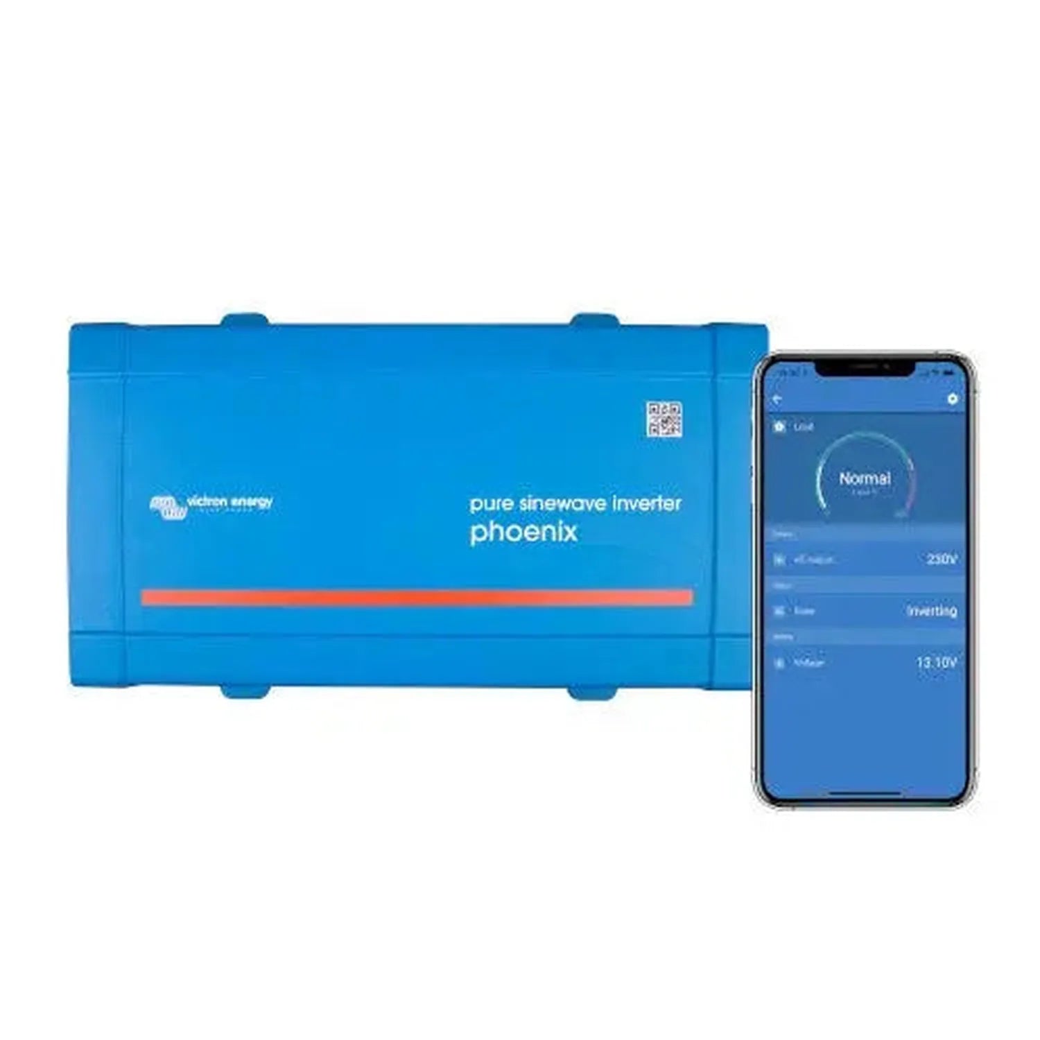 Blue Victron Phoenix pure sinewave inverter with QR code, displayed next to smartphone showing monitoring app with Normal mod