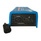 Blue and black power inverter with AC output socket and internal components visible, shown with detached black adapter cable.