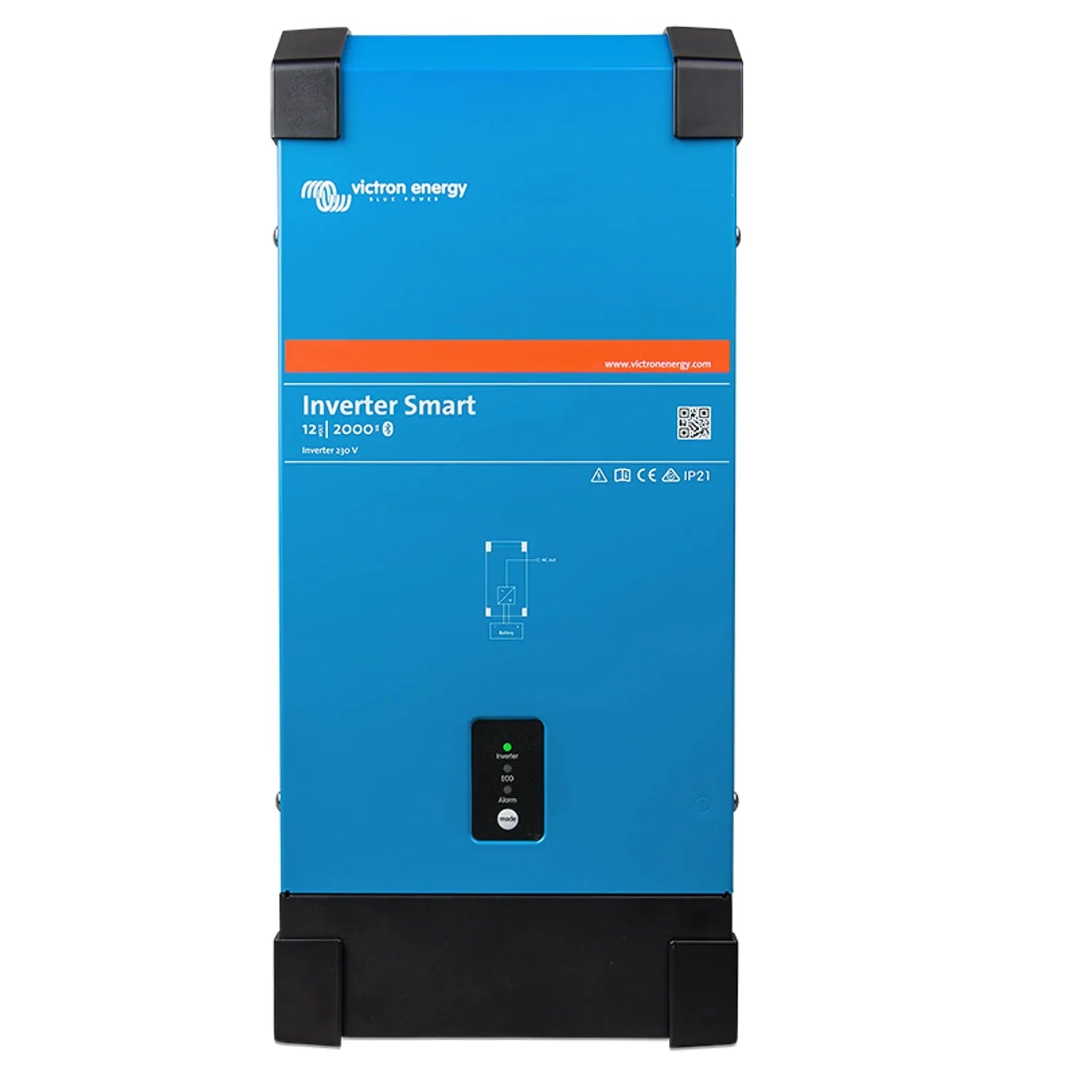 Victron Energy Inverter Smart 12/2000/0 in bright blue with black end caps and control panel.
