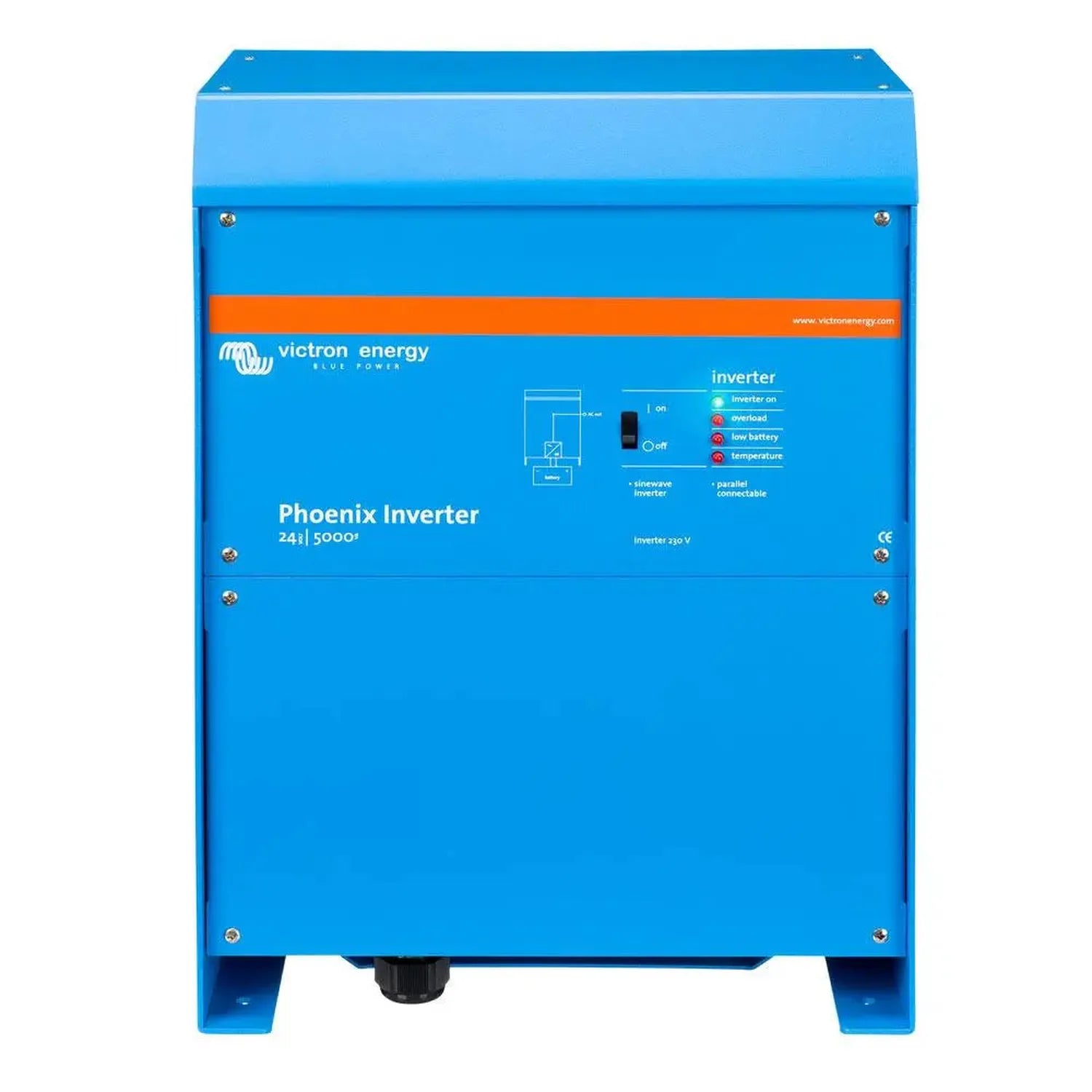 Victron Energy Phoenix Inverter 24/5000, bright blue metal box with control panel showing inverter status indicators and on/o