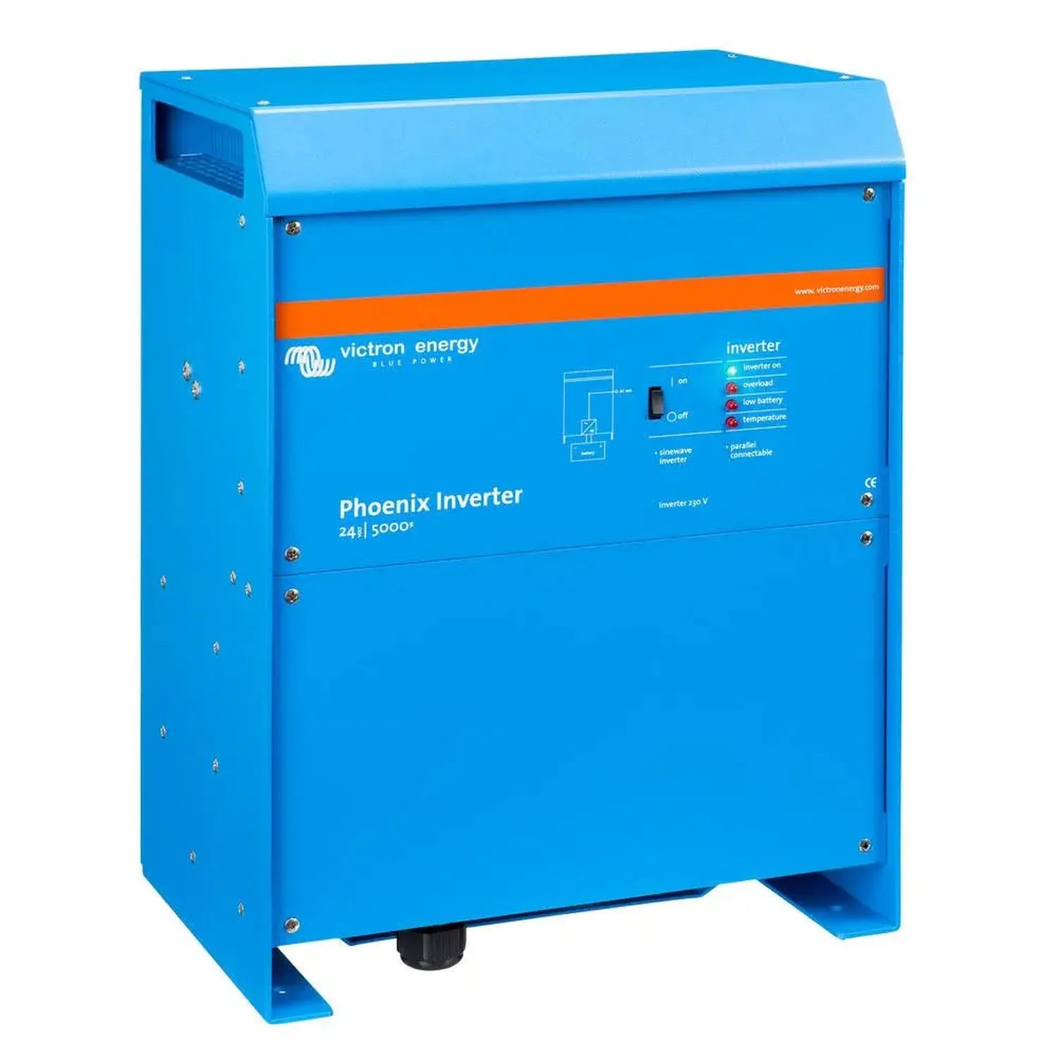Victron Phoenix Inverter 24/5000, a bright blue rectangular power unit with control panel and status indicators mounted on fr