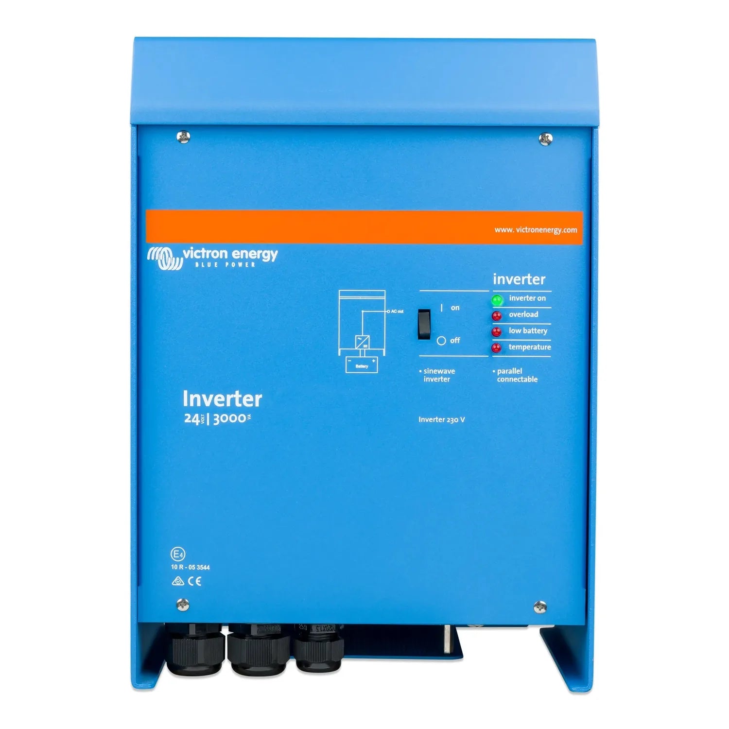 Victron Energy blue inverter unit model 24/3000 with orange header stripe, on/off switch, and status indicator lights for pow
