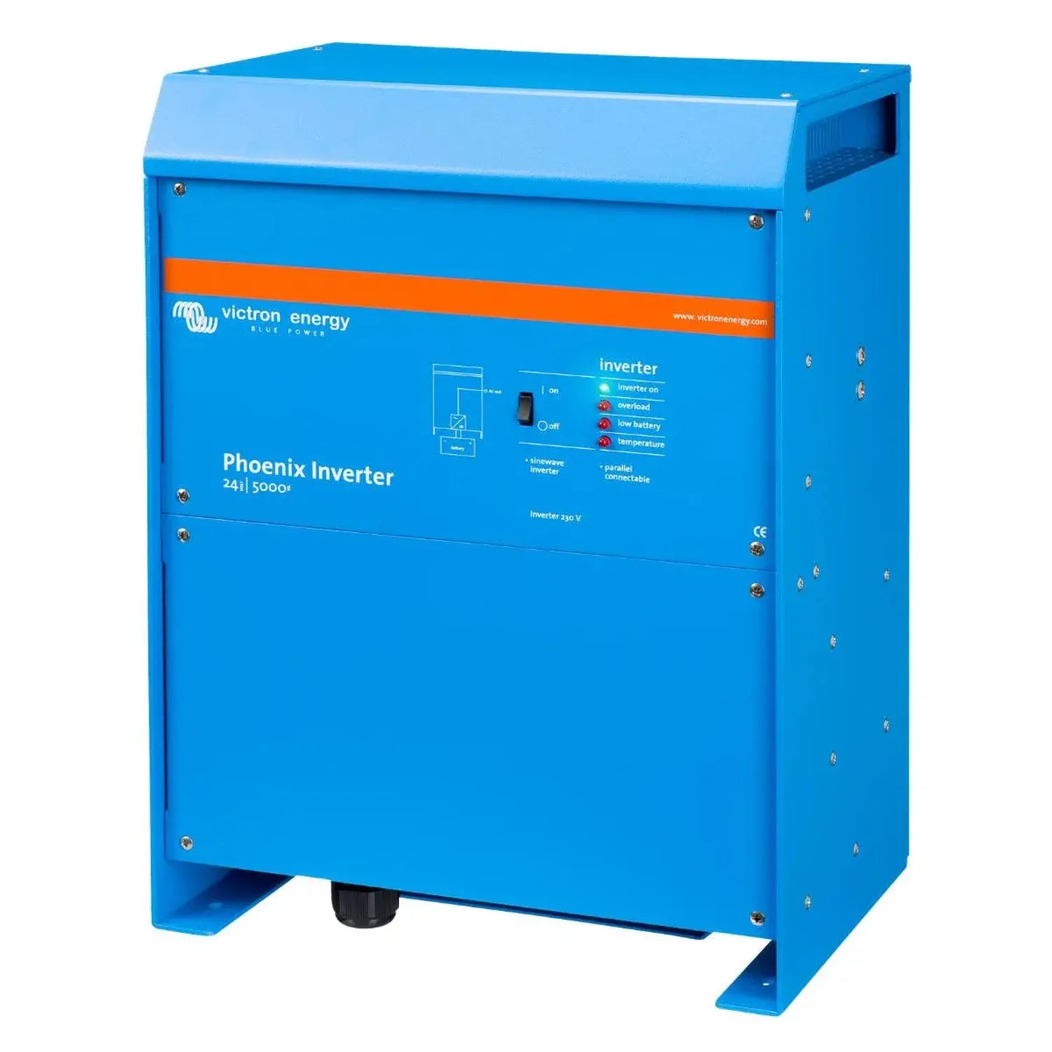 Blue Victron Phoenix Inverter 24/5000 with orange branding stripe, control panel with on/off switch and indicator lights, mou