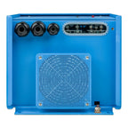 Blue Victron inverter front panel showing three black control knobs, digital display screen, perforated metal cooling grille,
