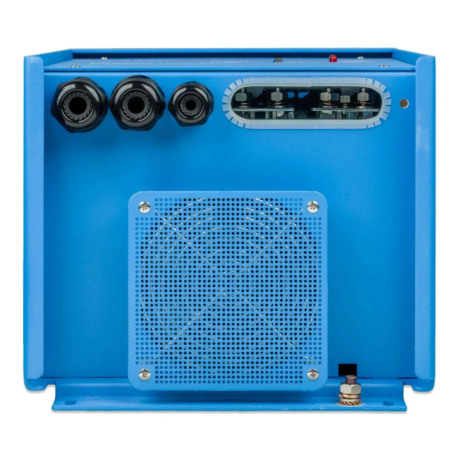 Blue Victron inverter front panel showing three black control knobs, digital display screen, perforated metal cooling grille,